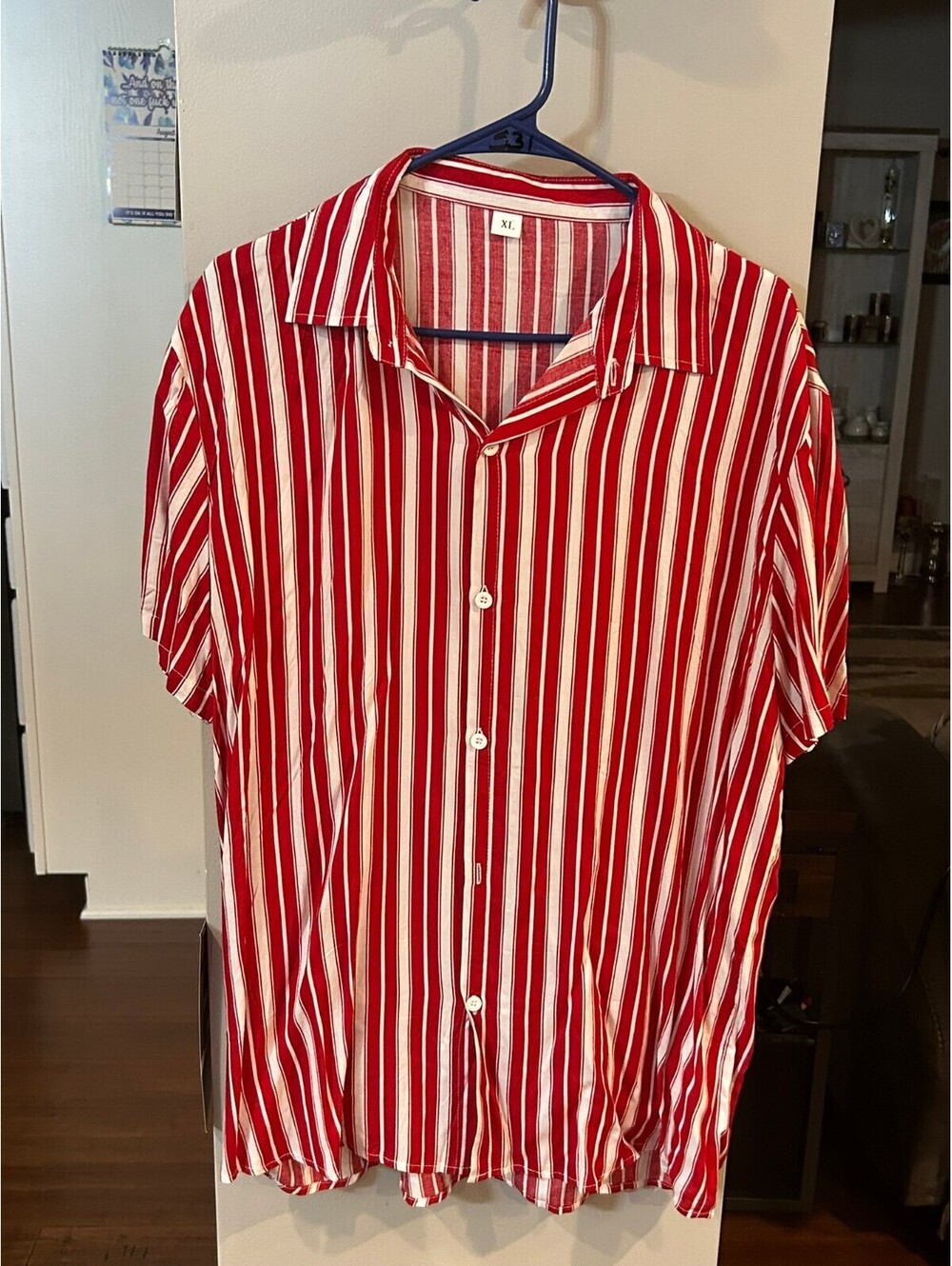 Women's Red and White Vertical Stripe Short Sleeve Shirt XL